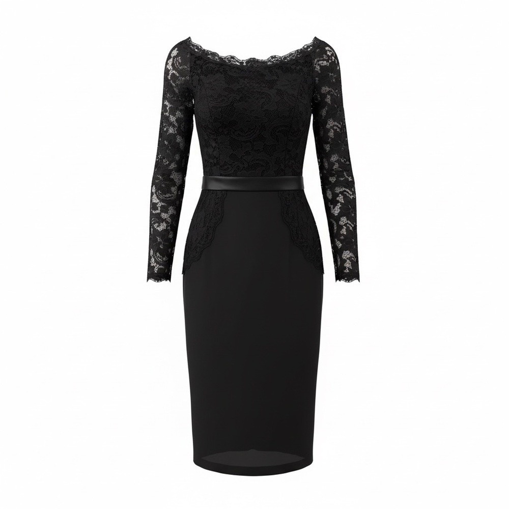 Venus Black Lace Off The Shoulder Cocktail Dress Long Sleeve Midi Pencil Skirt